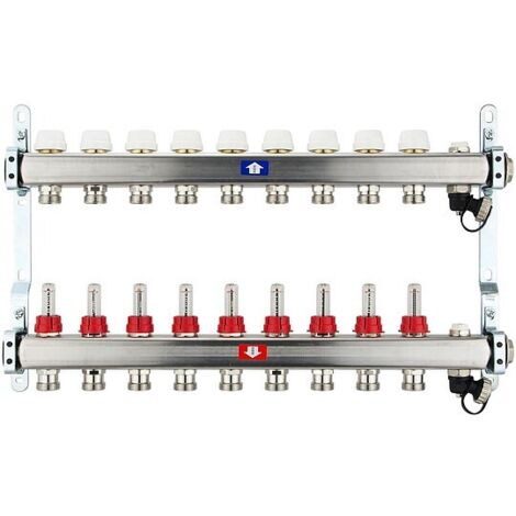 Fußbodenheizungsverteiler aus Edelstahl mit Topmeter für 9 Heizkreise - ohne Anschlussset