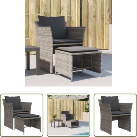 Fußhocker -  Gartenstuhl mit Fußhocker Grau Poly Rattan