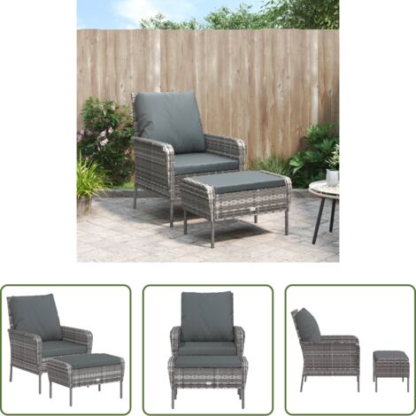 Fußhocker -  Gartenstuhl mit Fußhocker Grau Poly Rattan