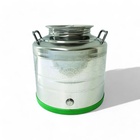Fusto acciaio inox per olio con maniglie fondo a pentola tappo a vite attacco rubinetto protezione plastica - 50 lt