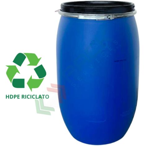 Fusto in plastica riciclata (HDPE 100% PCR) ad apertura totale, rotondo, capacità 120 Lt, ADR/ONU per solidi - Blu