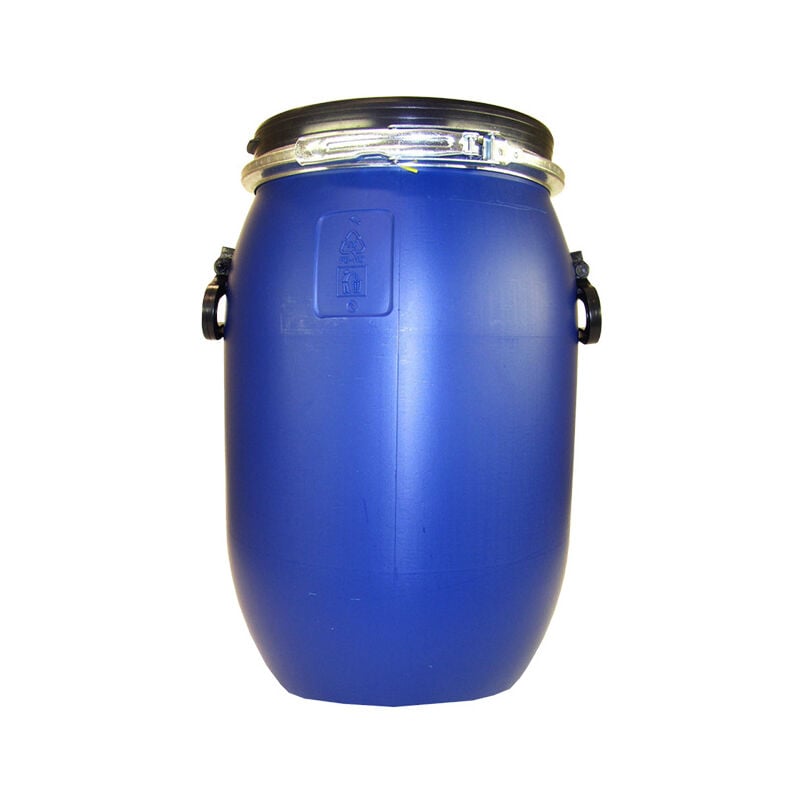 Fût alimentaire 30 litres bleu avec couvercle, cerclage métallique et poignées