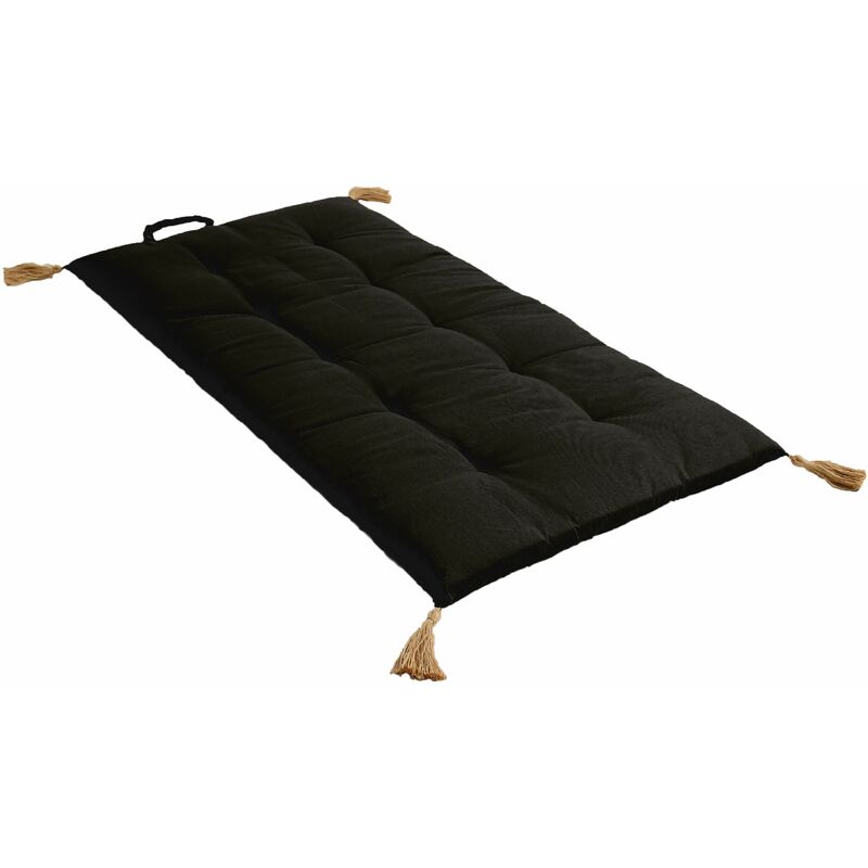 Futon repliable Panama avec pompons en jute - Longueur 120 Largeur 60 Epaisseur 5cm - Noir