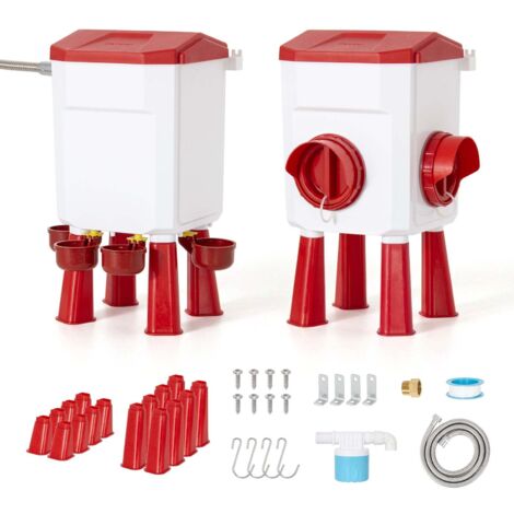 Futterautomat Hühner & Hühnertränke, 8 kg Futterspender mit 2 Zuführungsöffnungen, 7 L Automatische Wassertränke mit 4 Näpfen, Schwimmerventil, Wasserleitung, mit Beinen, Aufhängevorrichtungen