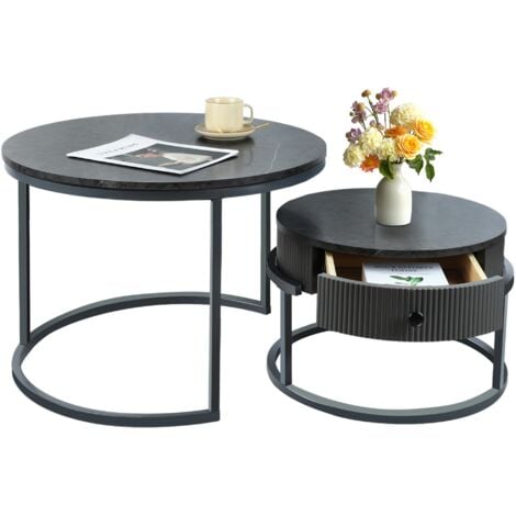 Futurefurniture®Table basse avec tiroirs, tables gigognes, gris, lot de 2, table d'appoint, cadre gris, tables rondes avec motif en marbre, salon, chambre