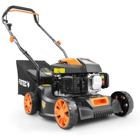FUXTEC Benzin Rasenmäher 2PS Leistung und nur 18kg Gewicht, 40cm Schnittbreite & 3-stufige Schnitthöhenverstellung 25-55mm mit Hubraum 80ccm, 4-Takt Mäher - Inkl. 45L Grasfangkorb FX-RM4180