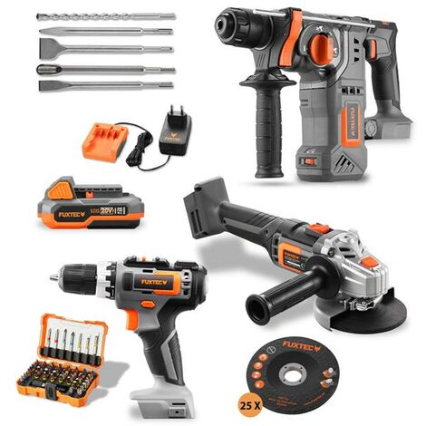 Fuxtec – Pack outils 20V sans fil – meuleuse d'angle, visseuse, marteau perforateur – 2 batteries 2Ah Lithium-Ion – Chargeur inclus