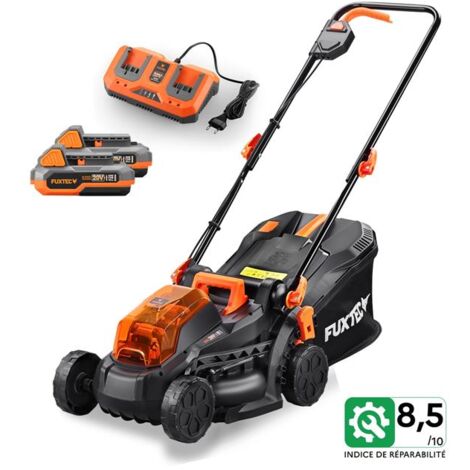 Fuxtec – Tondeuse à gazon sans fil 40V avec 2 batteries 2Ah – Largeur de coupe 33cm – Chargeur double 2,4A – Bac de ramassage 35L