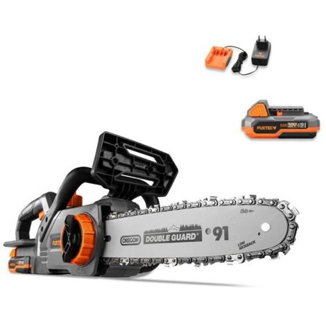 Fuxtec – Tronçonneuse à batterie 20V avec guide 10 pouces – 2 batteries 2Ah et chargeur 1A – Technologie Lithium-Ion pour coupe précise