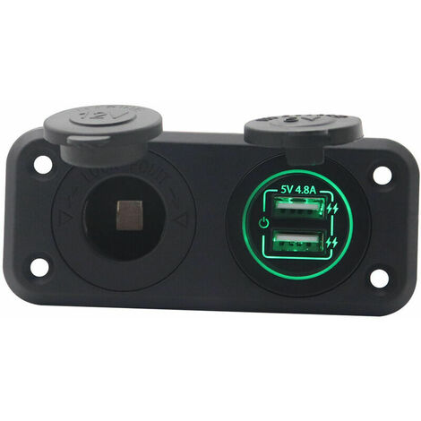FVO 5V 4.8A Panel de interruptor de cargador de coche USB dual 2 puertos Luz verde Enchufe de encendedor de cigarrillos a prueba de agua 12V 24V Cable de alimentación de 1 metro para automóvil Camión
