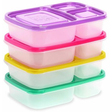 FVO Bento Lunch Box à 3 Compartiments (Lot de 4) - Adaptée pour Micro-Ondes, Lave-Vaisselle et Congélateur - Boite Repas Emboîtable en Plastique Étanche avec Couvercles - Adultes et Enfants