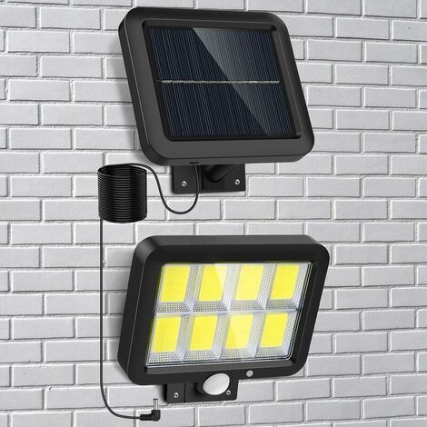 FVO Luces de seguridad solares para exteriores 120 luces solares LED Sensor de movimiento 3 modos Luces de inundación solares con cable de 16.4 pies IP65 Luces de cobertizo alimentadas por energía sol