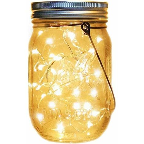 FVO Mason Jar avec Guirlande Lumineuse Solaire, 2 Packs IP65 Imperméable 1.5m 30 LED Lanternes Solaires Suspendues avec Poignées Rechargeables pour Jardin Treehouse Décoration Extérieure (Couleur Blan