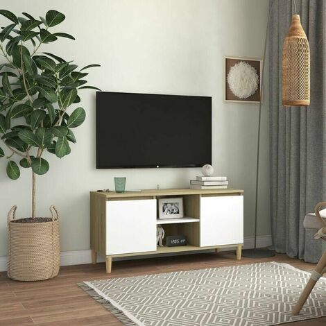 FVO Mueble TV y patas madera Blanco y roble sonoma 103,5x35x50 cm