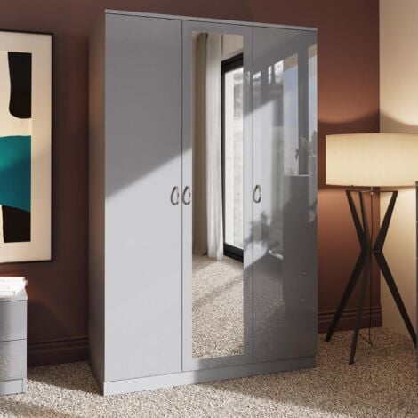 FWStyle 3 Door Mirrored Large Triple Wardrobe High Gloss Grey