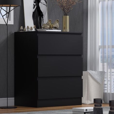 FWStyle 3 Drawer Black Chest Of Drawers Deep Storage