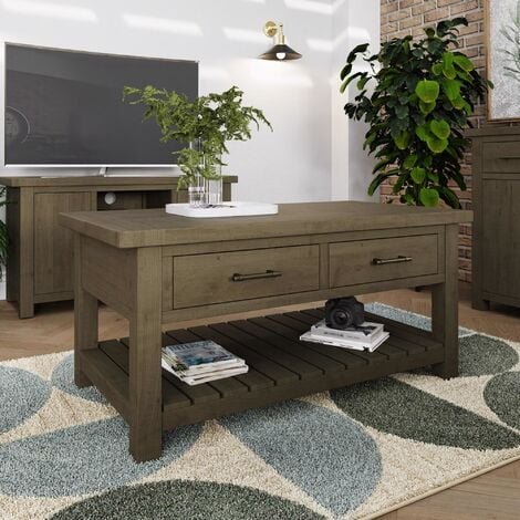 FWStyle Coffee Table 2 Drawers 1 Shelf Reclaimed Pine Rustic Driftwood Finish
