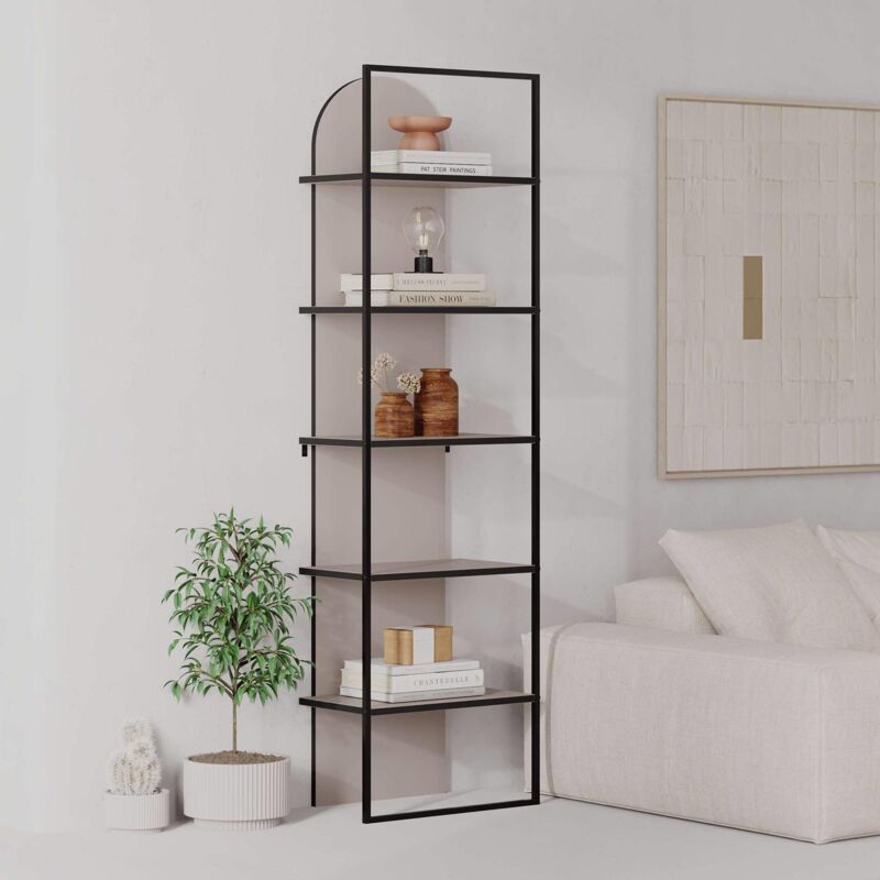 Mocha Grey Modern Black Metal Frame Bookcase Shelving Unit 5 Tier - Fwstyle