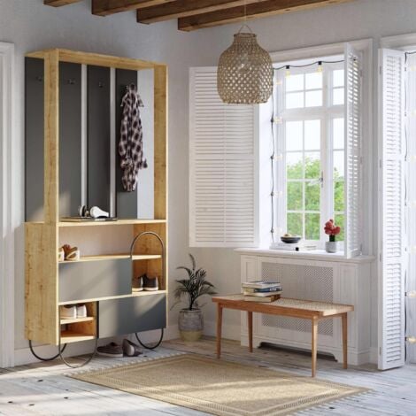 FWStyle Modern Hallway Storage Unit Coat Stand Natural Oak & Anthracite Grey