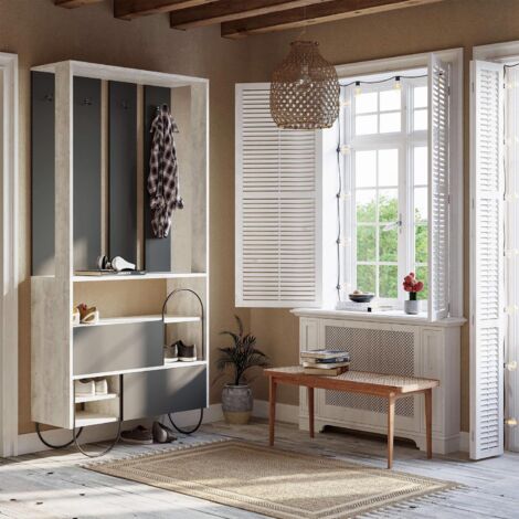 FWStyle Modern Hallway Storage Unit Coat Stand White Oak & Anthracite Grey