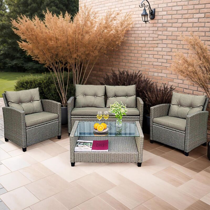 Outdoor Rattan Garden Furniture Set 4 Piece Patio Coffee Table Cushions - Beige - Fwstyle