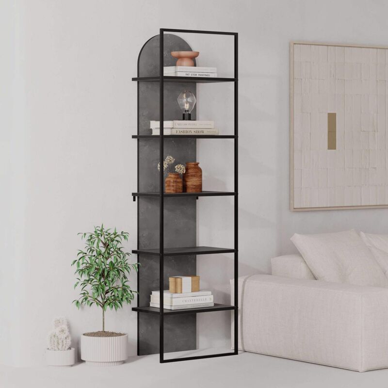 Retro Grey Modern Black Metal Frame Bookcase Shelving Unit 5 Tier - Fwstyle