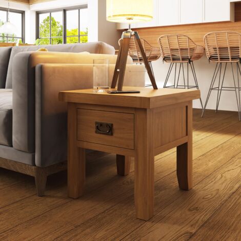 FWStyle Side Lamp Table Solid Natural Oak 1 Drawer Ready Assembled