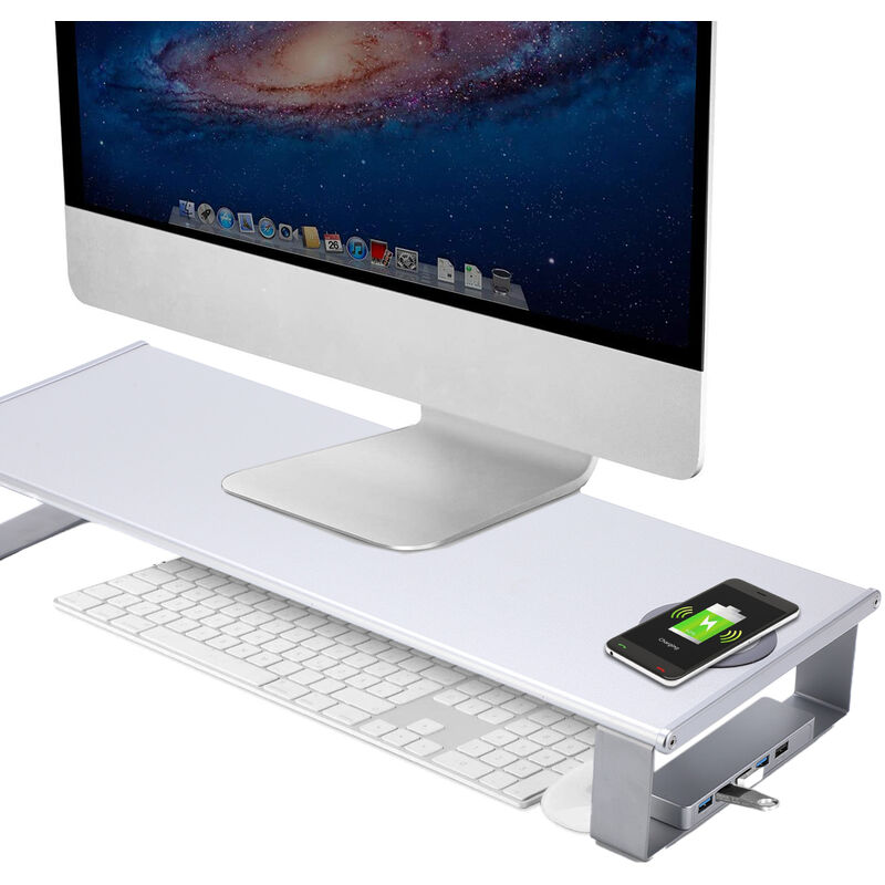 Szyb - Fydun support de bureau pour ordinateur Écran de moniteur Support de bureau en alliage d'aluminium USB 3.0 avec chargeur sans fil
