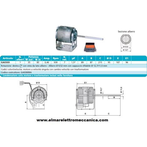 GA03009A Motore 85 W MONOALBERO 7 Velocità aspiratore Fan Coil