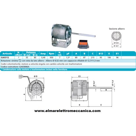 GA03012A Motore 85 W MONOALBERO 7 Velocità aspiratore Fan Coil