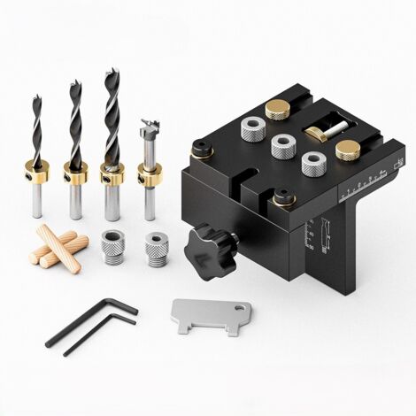Gabarit de perçage 6/8/10/15mm Kit de gabarit de goujon à centrage automatique pour le travail du bois Trous de cheville exacts,avec clip de positionnement Guide de perçage réglable Localisateur