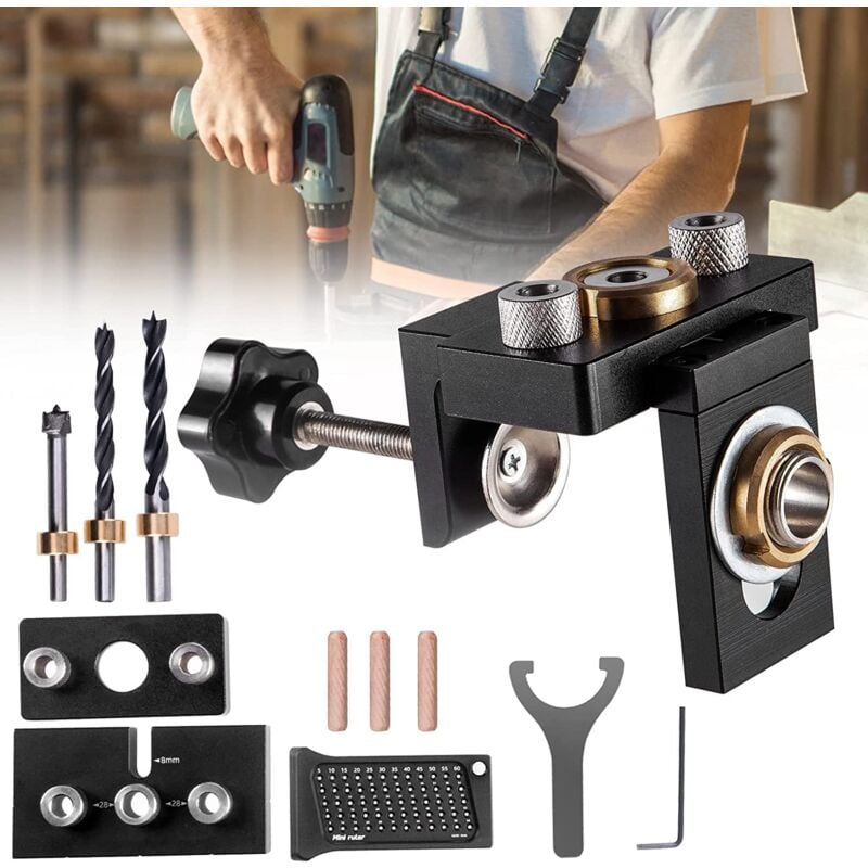 Gabarit de percage 8/10/15 mm,Aomdom 3en1 kit de guide de percage cheville bois avec clip de positionnement Guide de perçage réglable localisateur Et