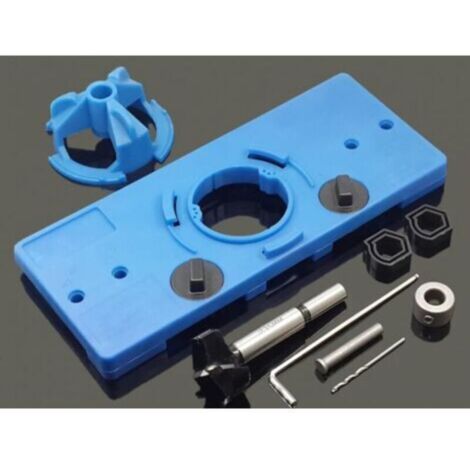 Gabarit de Perçage Charnière Invisible 35 mm Gabarit de Trou Charniere Guide de Perçage Charniere avec Anneau de Limite Tige de Positionnement Perceuse Clé pour Menuiserie -Bleu