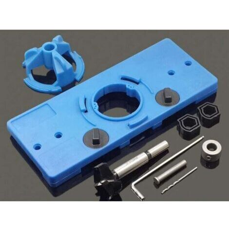 Gabarit de Perçage Charnière Invisible 35 mm Gabarit de Trou Charniere Guide de Perçage Charniere avec Anneau de Limite Tige de Positionnement Perceuse Clé pour Menuiserie -Bleu