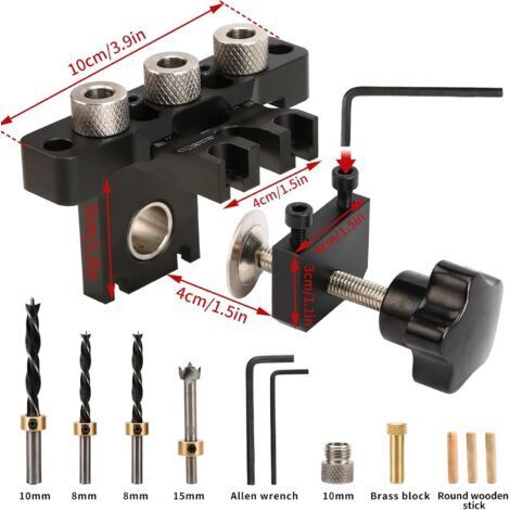 Gabarit de perçage, gabarit de perçage angulaire 8/10/15 mm, kit de positionnement de guide de perçage de chevilles 3 en 1, outils de bricolage pour le travail du bois (gabarit de perçage noir)