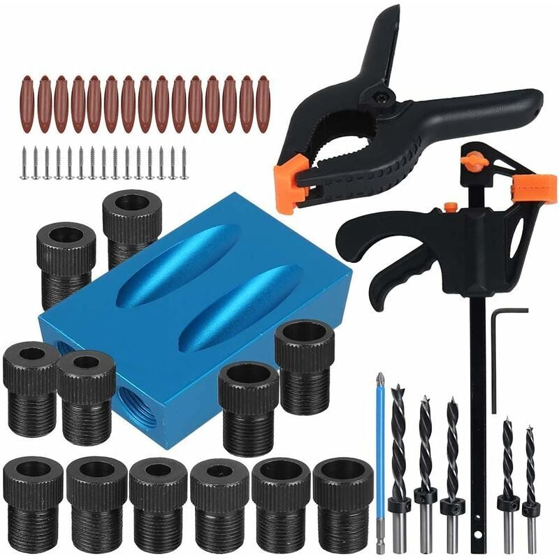 Start - Gabarit de percage oblique 57pcs, Guide perçage bois, Gabarit de trou de poche set, Guide perçage avec pointes perceuse 15 ° adaptateur pour