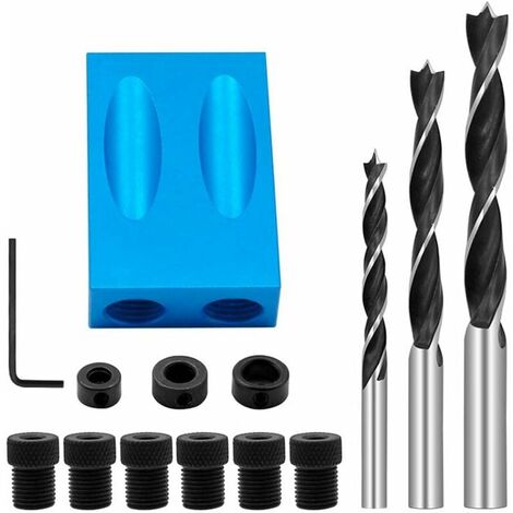 Gabarit de Percage Oblique, Gabarit de Trou de Poche avec Forets 15é Positionneur de Menuisier Guide de Percage pour Coin à Bois avec Adaptateur pour Trou de 6/8/10mm
