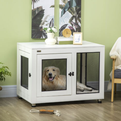 Gabbia per cane 94x60x71.5cm rifugio confortevole telaio in MDF pino cuscino morbido bianco Per cani piccoli e medi