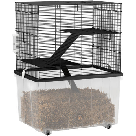 Gabbia per Criceti 3 Piani con Ruote, 2 Piattaforme, Rampe, Ciotola e Bottiglia, 58x43x74 cm, Nero