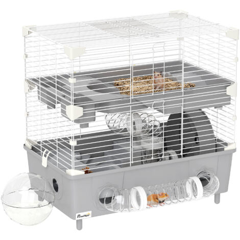 Gabbia per Criceti a 2 Livelli 44,5x28x44 cm 3 Porte Ruota e Tubi in Acciaio Grigio e Bianco