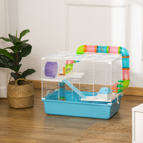 Gabbia per Criceti a 3 Livelli, Casetta per Piccoli Criceti con Tubi, Casetta, Serbatoio dell'Acqua e Ruota per Criceti, 59x36x47 cm, Azzurro e Bianco