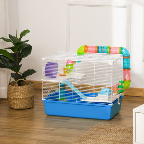 Gabbia per Criceti a 3 Livelli, Casetta per Piccoli Criceti con Tubi, Casetta, Serbatoio dell'Acqua e Ruota per Criceti, 59x36x47 cm, Blu e Bianco