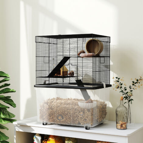 Gabbia per Criceti a 3 Livelli con Base Profonda 31 cm e Ruote, Casetta per Gerbilli con Rampe, Ciotola, Bottiglia, 58x43x74 cm, Nero