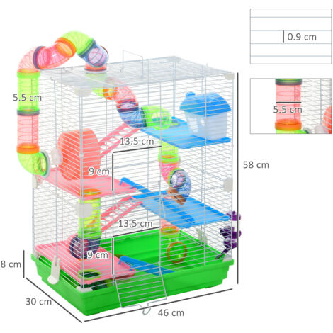 Gabbia per Criceti a 5 Livelli con Tubi, Ruota, Casetta, Scale e Bottiglia, Gabbietta per Roditori in Metallo e Plastica, 46x30x58 cm, Verde