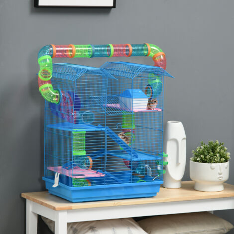 Gabbia per Criceti e Roditori a 5 Piani, Gabbietta per Criceti con Tubi Colorati, Ruota, Casetta e Accessori Inclusi, 47x30x59 cm, Blu