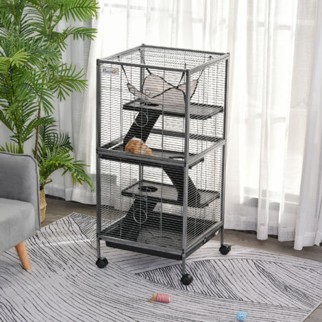 Gabbia per Piccoli Roditori in Acciaio, Gabbietta per Porcellini d'India e Cincillà con 3 Piani, 4 Ruote, Amaca e Vassoio Rimovibile, 52 x 52 x 113.5cm, Grigio Argento