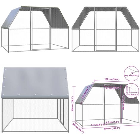 Gabbia per Polli Argento e Grigio 3x2x2 m in Acciaio Zincato - Recinto per polli - Pollaio esterno