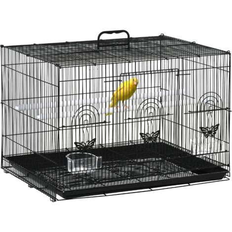 Gabbia per Uccelli 60x41x41 cm con 2 Posatoi e 3 Ingressi in Filo Metallico e Plastica Nero