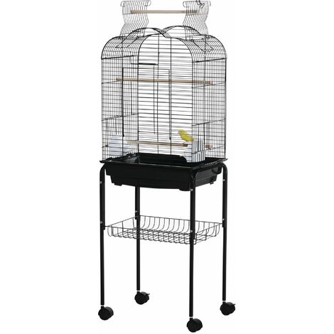 Gabbia per Uccelli con 3 Posatoi 2 Ciotole e 2 Porte Laterali 46x36x130 cm in Acciaio PP e Legno Nera