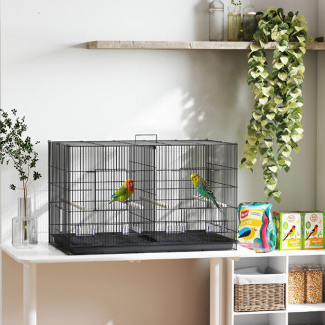 Gabbia per Uccelli con Divisorio e Ripiano Inferiore Portaoggetti, Gabbietta per Uccelli in Acciaio e PP con 4 Posatoi e 4 Mangiatoie, 94x57x57 cm, Nero